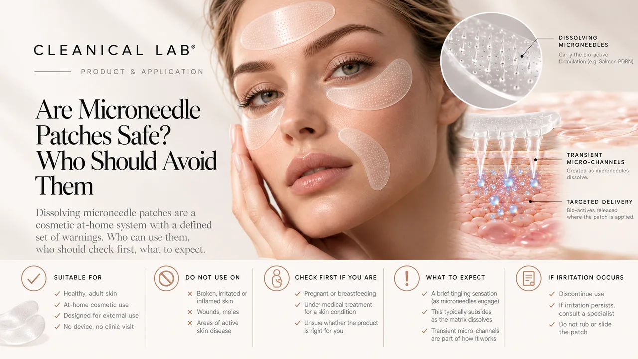Are Microneedle Patches Safe? a Cleanical Lab product-and-application safety guide — dissolving microneedle patches shown on-clean with a close-up inset of the dissolving microneedles (carrying the bio-active formulation, e.g. Salmon PDRN) and a skin cross-section labelled transient micro-channels and targeted delivery. A five-column strip summarises the safety guidance: suitable for (healthy, adult skin, at-home cosmetic use, external use, no device), do not use on (broken, irritated or inflamed skin, wounds, moles, areas of active skin disease), check first if you are (pregnant or breastfeeding, under medical treatment for a skin condition, unsure whether the product is right for you), what to expect (a brief tingling sensation as the microneedles engage, subsiding as the matrix dissolves; transient micro-channels are part of how it works), and if irritation occurs (discontinue use; consult a specialist if it persists; do not rub or slide the patch).