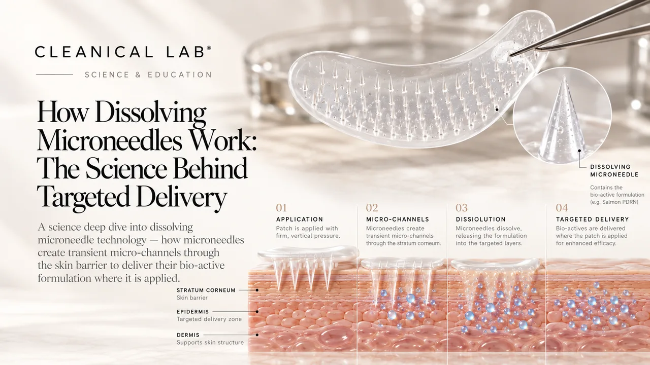 How Dissolving Microneedles Work: a Cleanical Lab science-and-education illustration — a dissolving microneedle patch held with tweezers (inset: a single dissolving microneedle, which carries the bio-active formulation, e.g. Salmon PDRN) above a four-step skin cross-section: 01 application with firm, vertical pressure; 02 dissolving microstructures forming transient micro-channels through the stratum corneum; 03 dissolution releasing the bio-active formulation into the targeted layers; 04 targeted delivery of bio-active ingredients where the patch is applied. The skin barrier (stratum corneum), targeted delivery zone (epidermis) and structural support (dermis) are labelled.