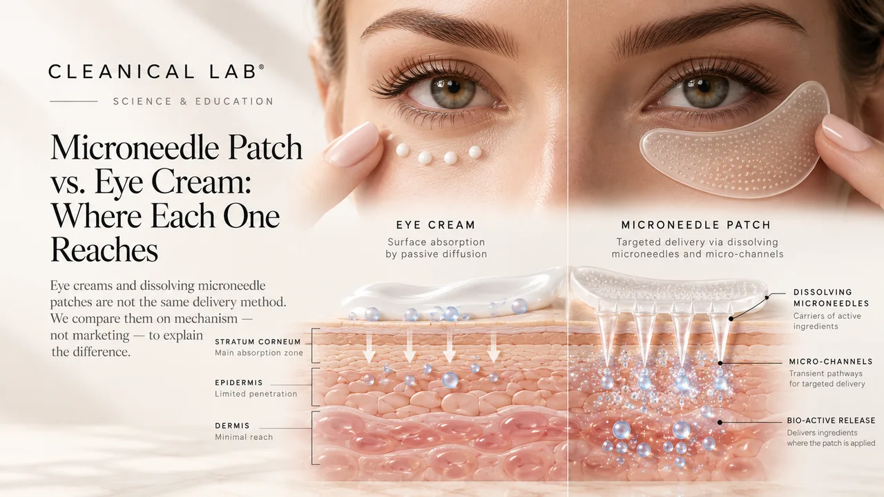 Microneedle Patch vs. Eye Cream: a Cleanical Lab science-and-education split-screen — an eye cream under one eye delivering by surface absorption (passive diffusion through the stratum corneum, epidermis and dermis, with minimal reach), versus a dissolving microneedle patch under the other eye, where the dissolving microneedles carry the bio-active ingredients and release them at the patch site via transient micro-channels.