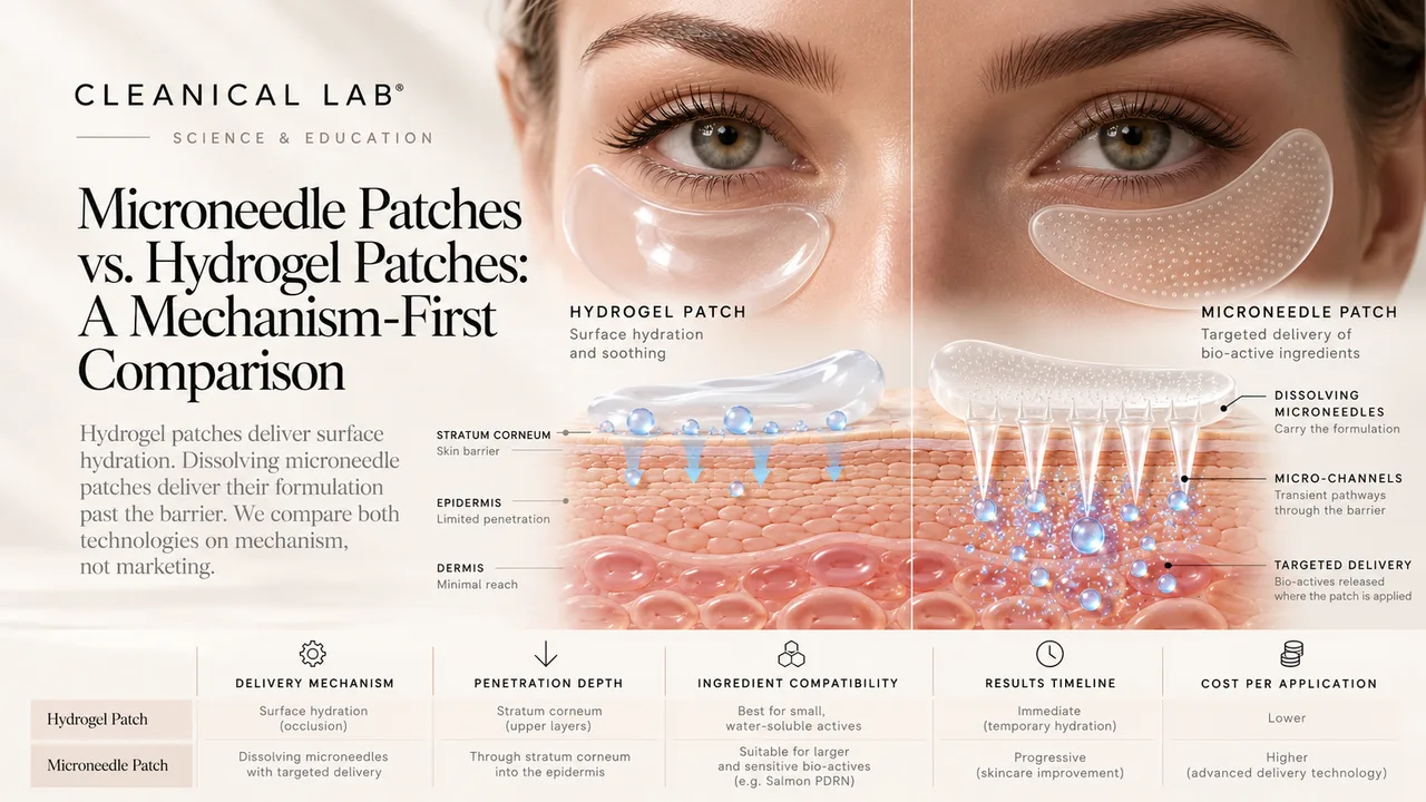 Microneedle Patches vs. Hydrogel Patches: a Cleanical Lab science-and-education split-screen — a clear hydrogel patch under one eye (surface hydration and soothing, limited penetration, minimal reach into the stratum corneum, epidermis and dermis) versus a microneedle patch under the other eye (targeted delivery of bio-active ingredients, where dissolving microneedles carry the formulation and create micro-channels through the barrier). A comparison strip rates both formats on delivery mechanism, penetration depth, ingredient compatibility, results timeline and cost per application.