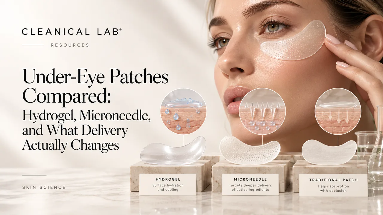 Under-eye patches compared: hydrogel (surface hydration and cooling), dissolving microneedle (targets deeper delivery of active ingredients), and traditional patch (helps absorption with occlusion). Cleanical Lab skin science illustration.