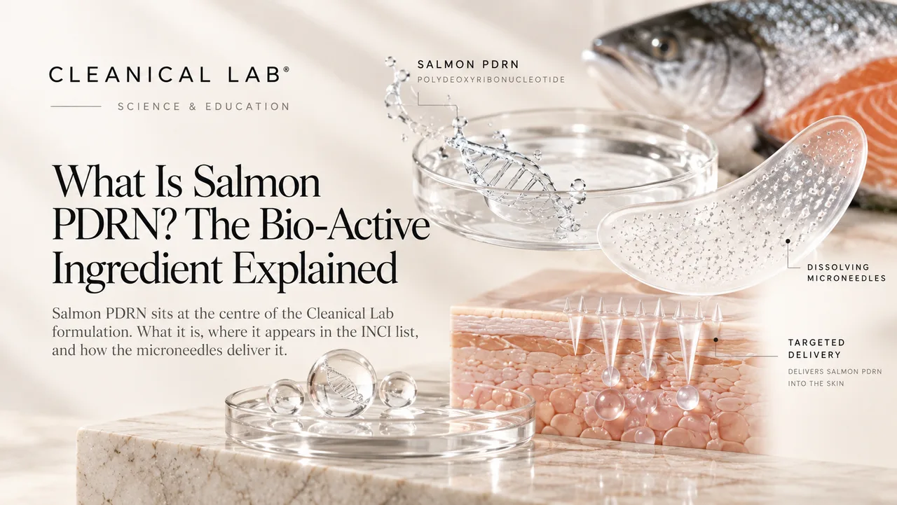 Salmon PDRN: a Cleanical Lab science-and-education illustration showing a fresh salmon, a petri dish and a dissolving microneedle patch, with a skin cross-section showing the microneedles delivering the Salmon PDRN (polydeoxyribonucleotide) bio-active into the skin for targeted delivery.