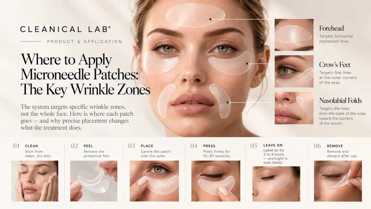 Where to Apply Microneedle Patches: a Cleanical Lab product-and-application guide — a face with dissolving microneedle patches placed on the three key wrinkle zones (forehead for horizontal expression lines, crow's feet at the outer eye corners, nasolabial folds running from the sides of the nose toward the mouth). A six-step strip walks through one application: 01 start from clean, dry skin; 02 remove the protective film; 03 centre the patch over the zone; 04 press firmly for 10–20 seconds; 05 leave on for 2–4 hours, overnight is even better; 06 remove and discard after use.