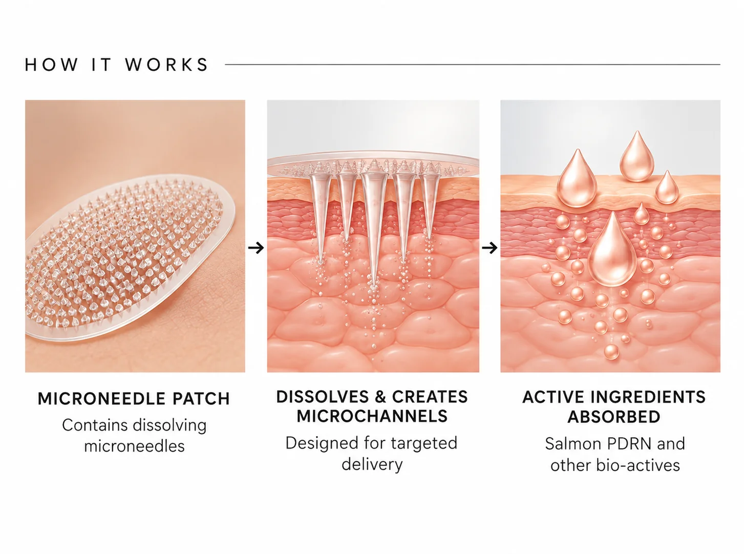 How it works: the microneedle patch dissolves and creates microchannels, then Salmon PDRN and other bio-actives are absorbed.