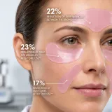 Model wearing Salmon PDRN patches with marked improvements: 22% reduction of deep wrinkles between the brows, 23% reduction of deep eye wrinkles and 17% reduction of smile lines after one use.